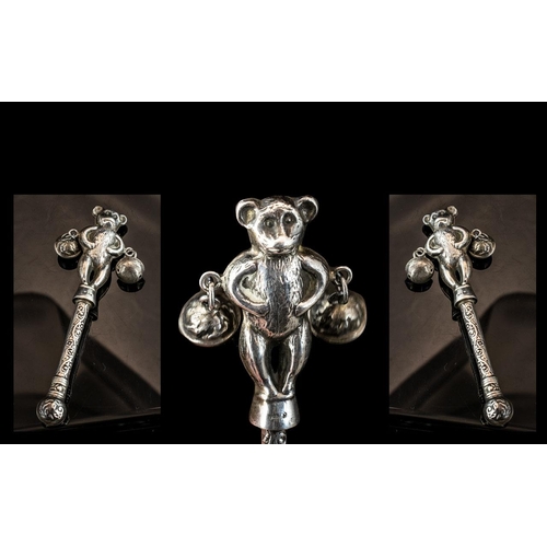 200 - Antique Silver Rattle In the Form of a Teddy Bear. Silver Rattle with Ornate Decorated Handle with a... 