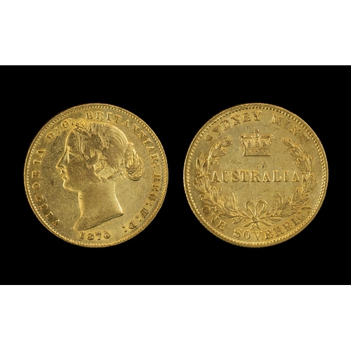 209 - Queen Victoria 22ct Gold Bun Head Full Sovereign - Date 1870. Sydney Mint - Australia. Good Grade - ... 