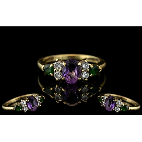 20A - Antique Period Ladies 18ct Gold Attractive Emerald - Diamond - Amethyst Set Ring. Full Hallmark for ... 