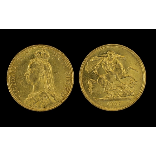 213 - Queen Victoria Jubilee Head St George 22ct Gold Double Sovereign - Date 1887. High Grade - Please Co... 