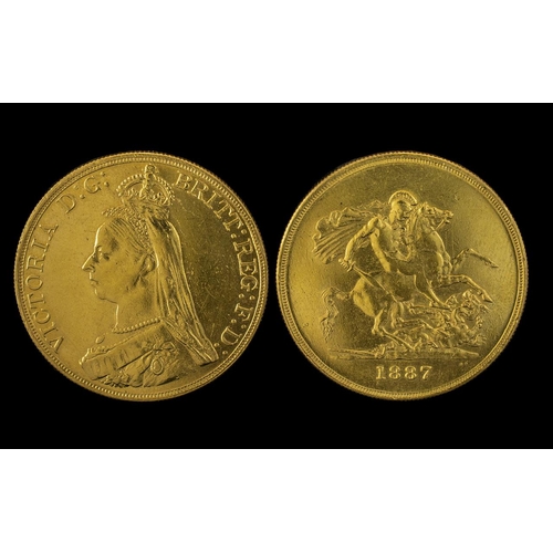 214 - Queen Victoria Jubilee Head St George 22ct Gold Five Pound - Date 1887. High Graded Coin - Please Co... 