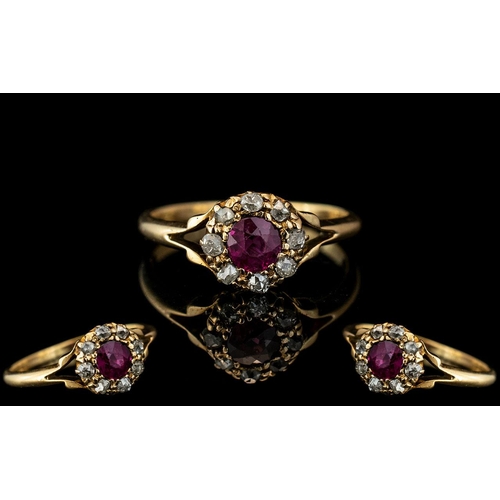 21A - Antique Period 19th Century Ladies 18ct Gold Attractive Ruby and Diamonds Set Ring, Flower head Sett... 