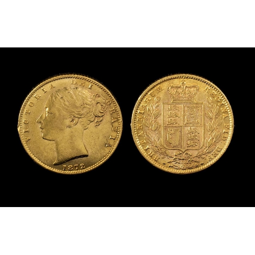 220 - Queen Victoria 22ct Gold - Young Head Shield Back Full Sovereign - Date 1872. Die Number 89. Good Gr... 