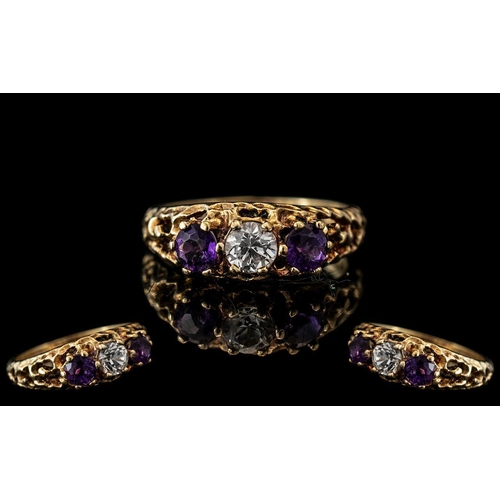 26 - Ladies 9ct Gold Excellent Quality Diamond and Amethyst Set 3 Stone Ring. Superior Design / Setting. ... 