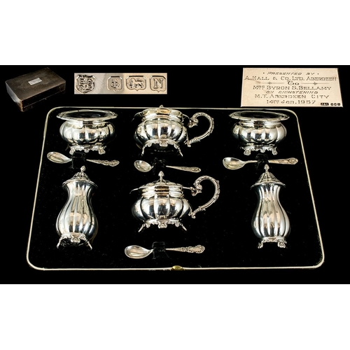 266 - 1930's Superior Quality ( 10 ) Piece Sterling Silver Cruet Set ( Thick Silver Gauge ) with Fitted Bo... 