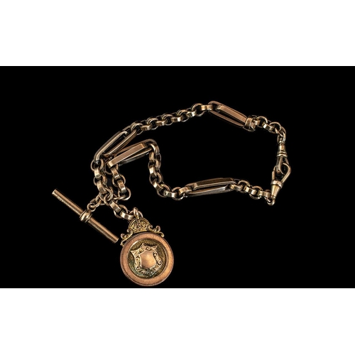 26A - Antique Period 9ct Gold Double Albert Watch Chain Medal / T-Bar, With Double Lobster Claw Clasps. Fu... 