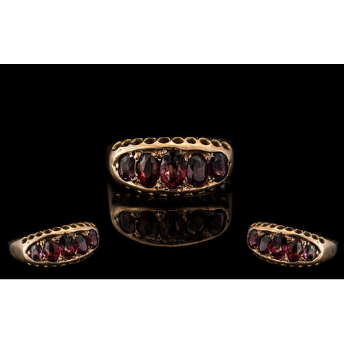 27 - Antique Period - Ladies Attractive 9ct Gold 5 Stone Garnet Set Ring. Excellent Design / Setting. Wel... 