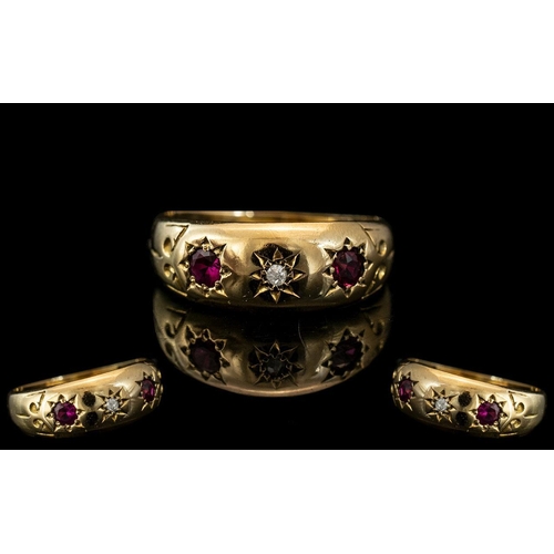 29 - Edwardian Period - Attractive Ladies 18ct Gold Ruby and Diamond Set Band Ring. Excellent Colour - Ru... 
