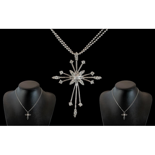 297A - 9ct White Gold Double Chain & Cross, stone set cross on double bead effect chain.