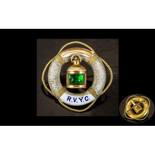 30 - Royal Victoria Yacht Club - 18ct Gold and Enamel Emerald Set Sweetheart Brooch In the Form of a Ship... 