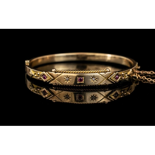 34 - Edwardian Period 1902 - 1910 Attractive and Good Quality 9ct Gold Hinged Bangle Set with Diamonds an... 