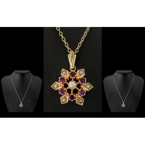 35 - Antique Period Attractive 9ct Gold Ruby and Seed Pearl Set Star Pendant, Attached to a 9ct Gold Chai... 
