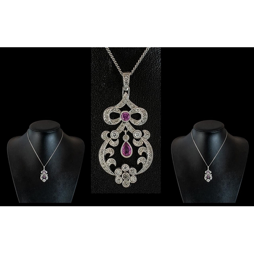 3A - 18ct White Gold - Attractive and Exquisite Diamond and Pink Stone Set Open-Worked Pendant, Attached ... 