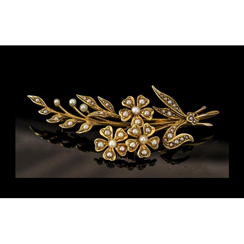 40A - Antique Period - Attractive 15ct Gold Seed Pearl Set Flower Brooch ( Bouquet ) Design. c.1890's. Mar... 