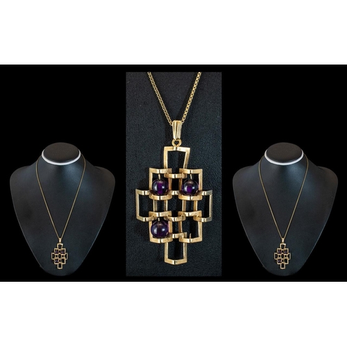 41A - 9ct Gold - Studio Art Design Pendant Set with Cabochon Cut Amethysts of Excellent Colour, Attached t... 