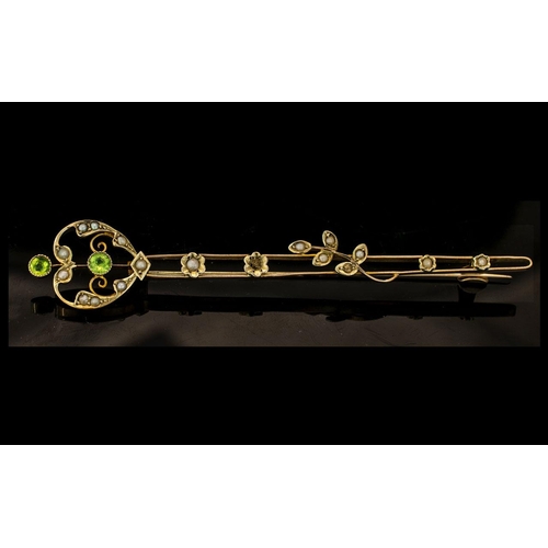 42 - Victorian Period c.1880's Superb 9ct Gold Peridot and Seed Pearl Set Stick Pin - Brooch. Of Large an... 