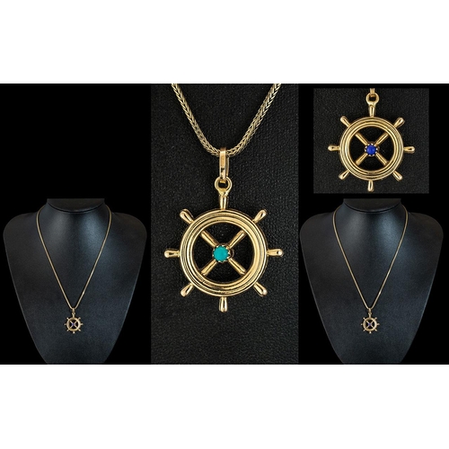 43 - 18ct Gold Novelty Realistic Ships Wheel Pendant Set with Turquoise and Sapphire to Centre. Attached ... 