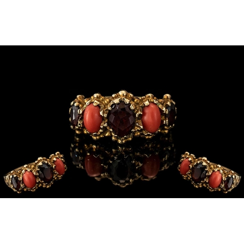 43A - Antique Period - Attractive 9ct old 5 Stone Coral and Garnet Set Ring, Wonderful Setting. With Full ... 