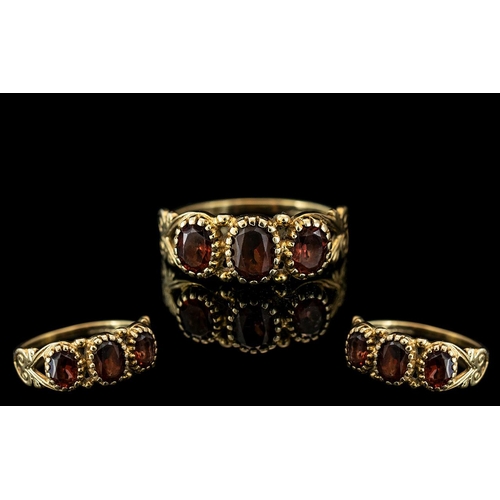 44A - Antique Period - Attractive 18ct Gold 3 Stone Orange Garnet Set Ring. Excellent Setting / Design. Fu... 