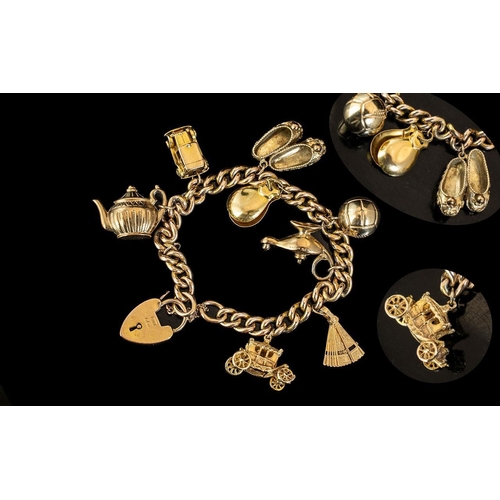 45 - Ladies 9ct Gold Charm Bracelet Loaded with Eight Good Quality 9ct Gold Charms ( All Interesting ) Al... 