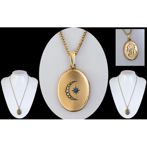 47 - Antique Period - Pleasing 9ct Gold Crescent Moon and Sun Design Oval Shaped Hinged Locket. The Cresc... 