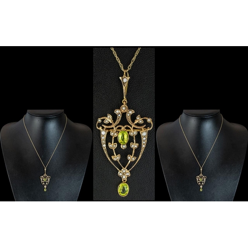 48 - Victorian Period - Exquisite and Attractive 9ct Gold Open Worked Peridot and Seed Pearl Set Pendant ... 