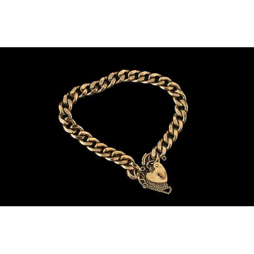 48A - 9ct Gold - Pleasing Curb Bracelet with Heart Shaped Padlock and Safety Chain, Marked 9.375. Length 7... 