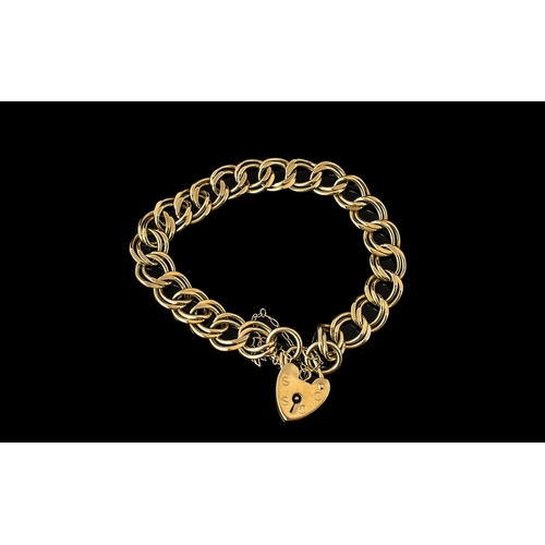 49A - Ladies Attractive 9ct Gold Double Links Bracelet with Heart Shaped Padlock and Safety Chain. Marked ... 