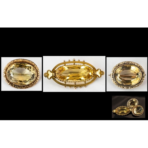 52A - Victorian Period Superb Trio of 9ct Gold Citrine Set Brooches. Dating From Around 1880's. Two Brooch... 