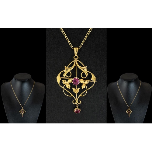 53 - Victorian Period - Attractive 9ct Gold Open-worked Rubies Set Pendant / Drop Brooch. Excellent Desig... 