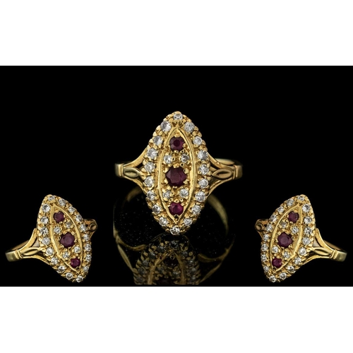 54 - Antique Period Style 18ct Gold Marquise Shaped Ruby and Diamond Set Ring, Excellent Design. Hallmark... 