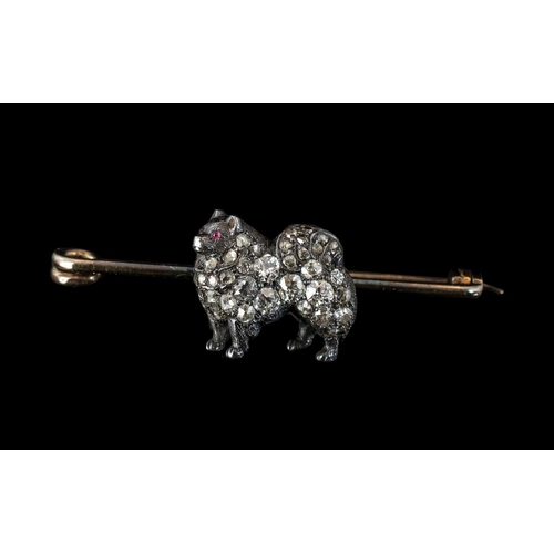 54A - Victorian Period - Novelty 9ct Gold and Silver Diamond Set Figural Small Brooch. The Central Dog Fig... 