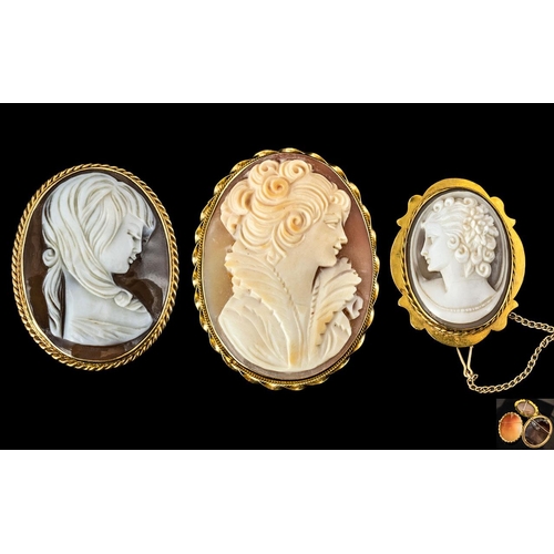58B - Antique Period Fine Quality Trio of 18ct and 9ct Gold Cameo Mounted Brooches. Comprises 1/ 18ct Gold... 