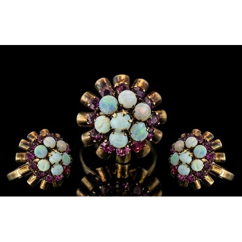 61A - Ladies 14ct Gold - 1970's Opal and Amethyst Set Dress Ring. Flower head Design, The Seven Opals of P... 