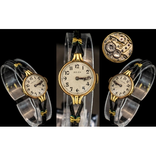 62A - Rolex - 18ct Gold Ladies 15 Jewels Mechanical Wrist Watch with Black Shoelace Watch Strap. Hallmark ... 