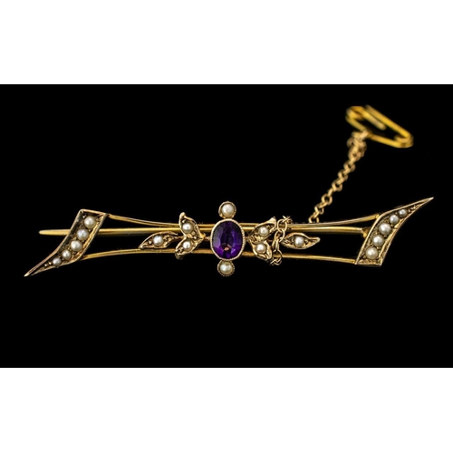 63 - Victorian Period - Attractive 9ct Gold Amethyst and Seed Pearl Set Brooch with Safety Chain. Marked ... 