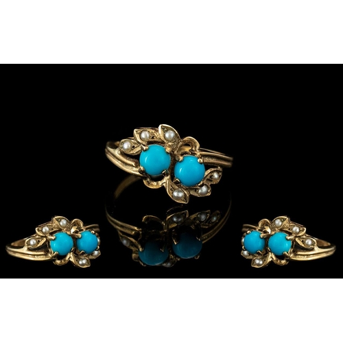 63A - Late Victorian Period - Attractive 9ct Gold Turquoise Seed Pearl Set Ring. Hallmark London 1900. The... 