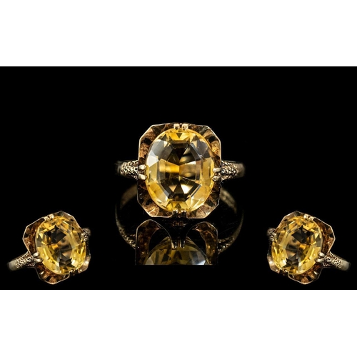 64 - 9ct Gold Attractive Single Stone Citrine Set Ring, From the 1970's Period. Full Hallmark to Interior... 