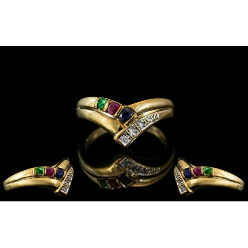 64A - Ladies 9ct Gold Attractive Wishbone Ring, Set with Emeralds, Sapphires, Rubies and Diamonds. Full Ha... 