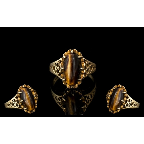 66A - Ladies 9ct Gold Attractive Single Stone Tigers Eye Set Ring with Decorative Setting and Shoulder. Ha... 