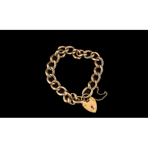 69 - Antique Period - Fine Quality 9ct Gold Curb Bracelet with Heart Shaped Padlock and Safety Chain. All... 