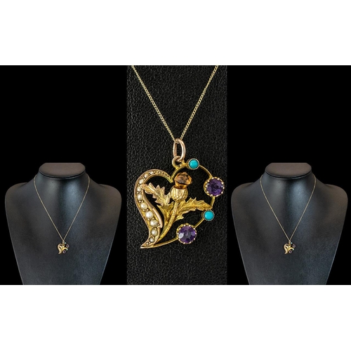 69A - Antique Period - Attractive and Exquisite 9ct Gold Turquoise / Seed Pearl / Amethyst / Citrine Set T... 
