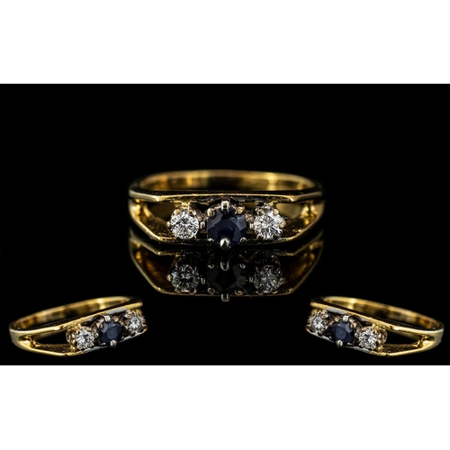 75A - 18ct Gold - Attractive 3 Stone Sapphire / Diamond Set Ring with Open Shoulders. The Two Found Diamon... 