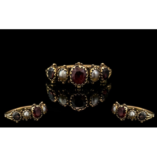 93 - Antique Period - Attractive 15ct Gold Seed Pearl and Garnet Set Ring. Excellent Setting / Design. No... 