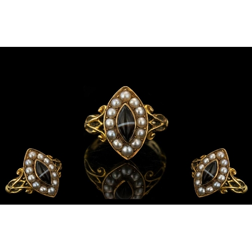 70A - Antique Period 19th Century 18ct Gold Tigers Eye and Seed Pearl Set Exquisite and Petite Ring. Excel... 