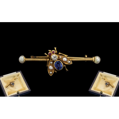 72A - Antique Period Superb ' Bumble Bee ' Novelty 18ct Gold Small Brooch, Set the Central Part of Brooch,... 