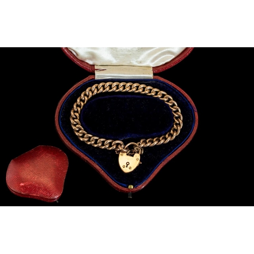 73A - Antique Period Superb 9ct Gold Curb Bracelet with Heart Shaped 9ct Gold Padlock. All Links Stamped f... 