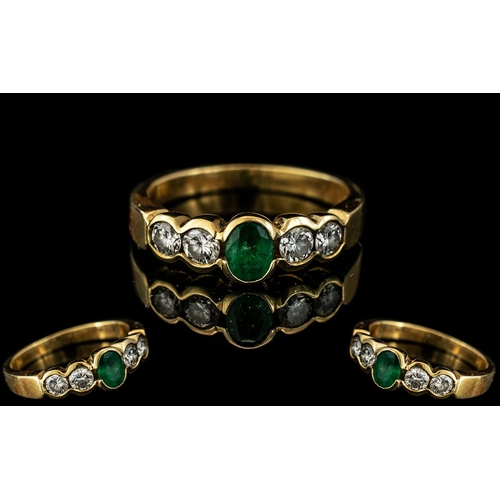 39 - 18ct Gold Attractive 5 Stone Emerald and Diamond Set Ring, Of Pleasing Design. Marked 18ct - 750 to ... 