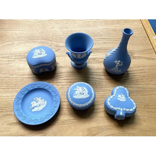 696 - A Collection of Six Wedgwood Blue Jasper Ware Pieces including various trinkets and a bud vase and u... 