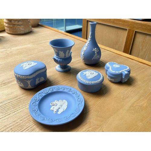 696 - A Collection of Six Wedgwood Blue Jasper Ware Pieces including various trinkets and a bud vase and u... 